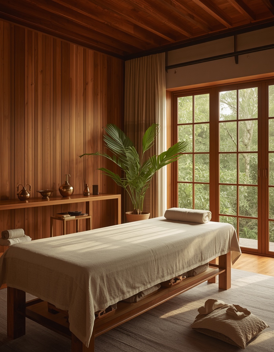 Calm, clinically equipped Ayurvedic treatment room at Sanyom