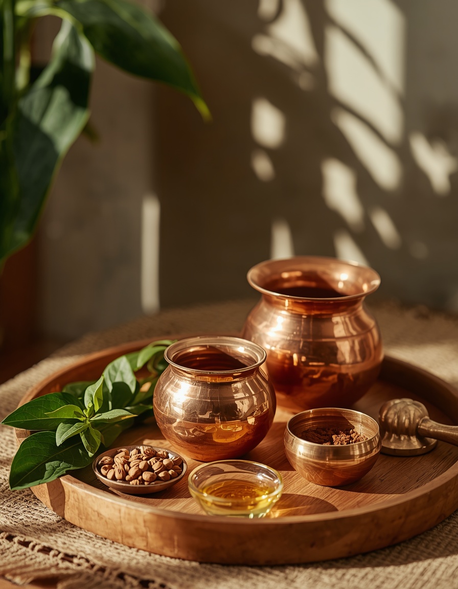 Traditional copper vessels and Ayurvedic herbs